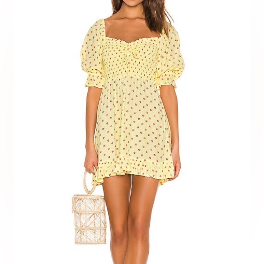 Faithfull the Brand Puff Sleeve Yellow Floral Sage Mini Dress Size Large